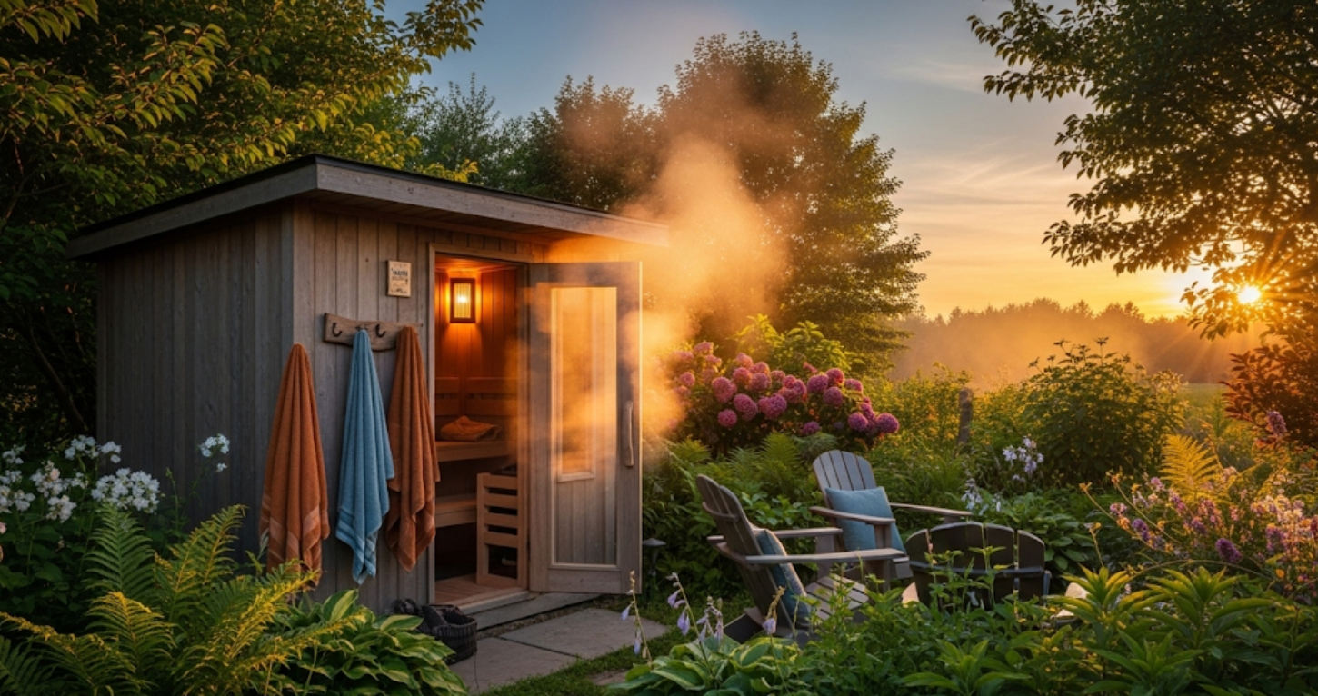Sauna da esterno in legno immersa in un giardino rigoglioso