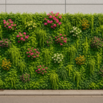 Parete verde verticale: cos'è, costi e come realizzarla Struttura ricoperta da piante sempreverdi, rampicanti e fiori colorati, disposte in modo ordinato e armonioso