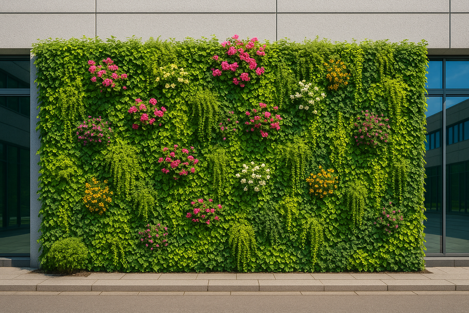 Struttura ricoperta da piante sempreverdi, rampicanti e fiori colorati, disposte in modo ordinato e armonioso