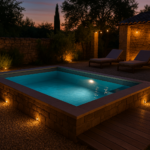 Piscina seminterrata: cos'è, costo e permessi necessari Piscina seminterrata illuminata di sera