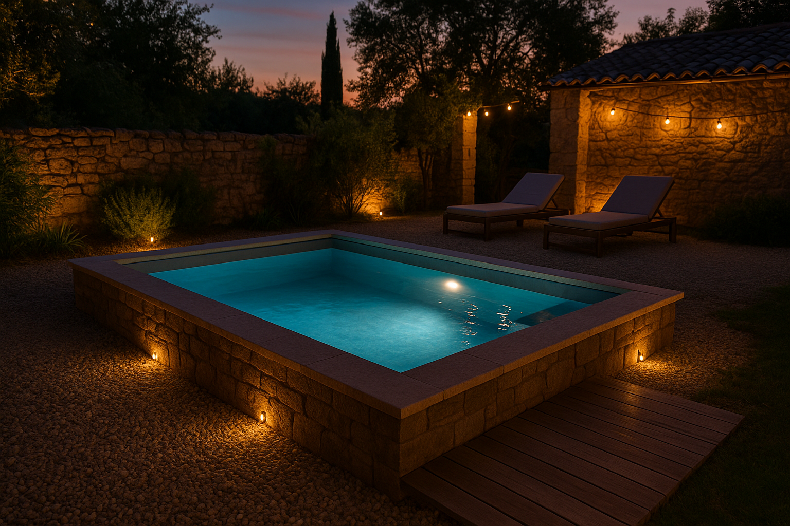 Piscina seminterrata illuminata di sera