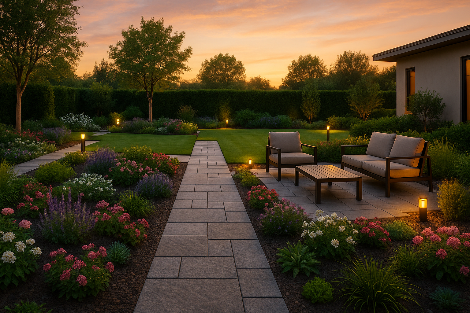 Giardino privato moderno e curato, con vialetti in pietra, aiuole fiorite, zona relax con sedute eleganti e illuminazione soffusa al tramonto
