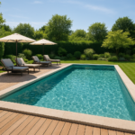 Piscina rettangolare con bordi in pietra chiara, acqua cristallina con riflessi naturali, ampio solarium con pavimentazione in legno, alcune sedute lounge e ombrelloni