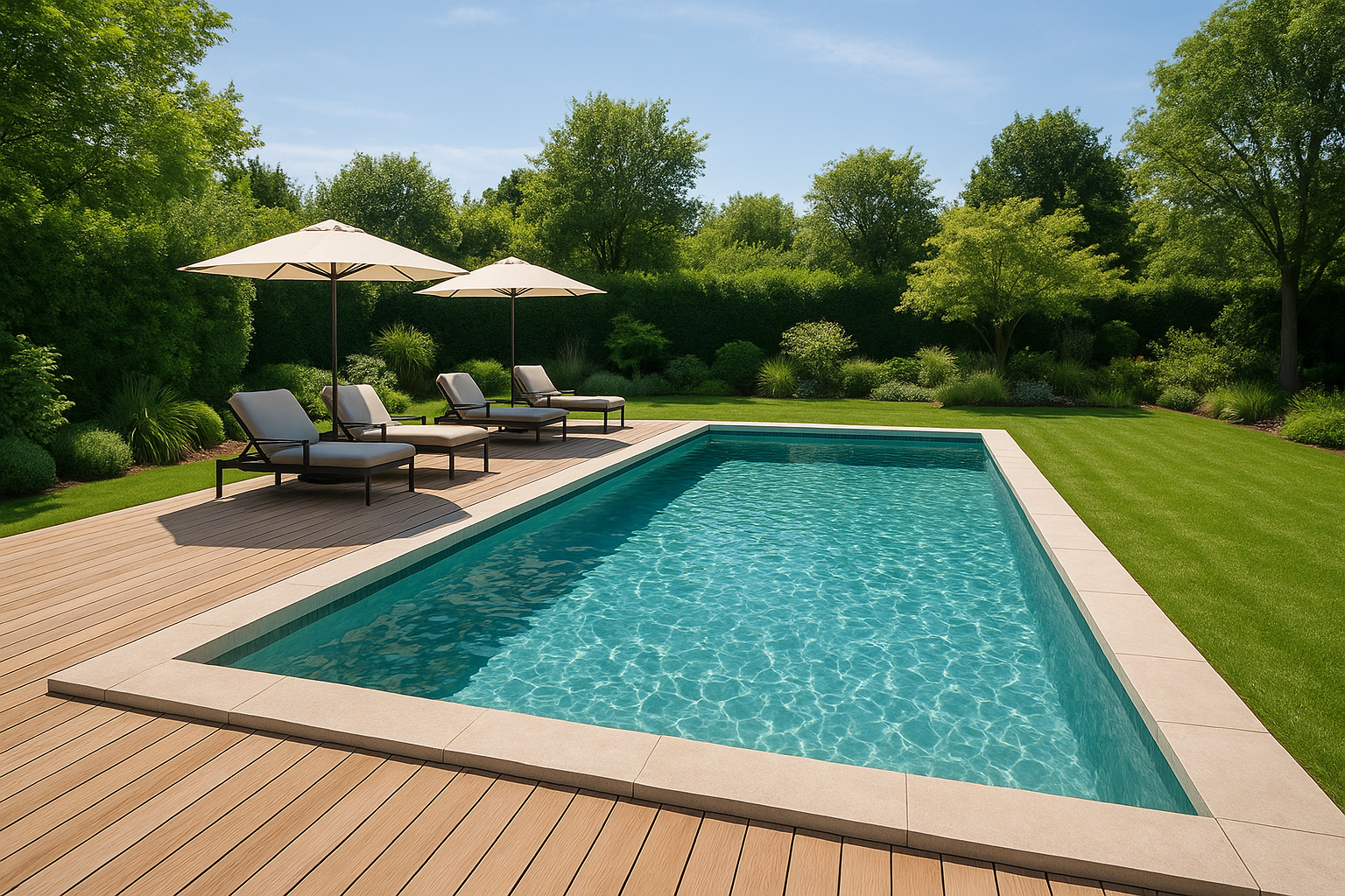 Piscina rettangolare con bordi in pietra chiara, acqua cristallina con riflessi naturali, ampio solarium con pavimentazione in legno, alcune sedute lounge e ombrelloni