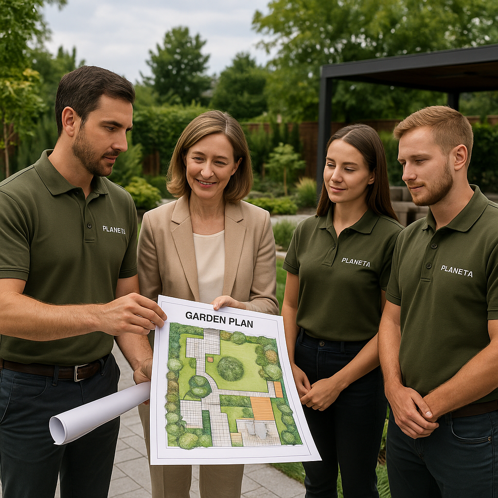 Team di progettisti del verde mentre presentano un progetto finito a un cliente