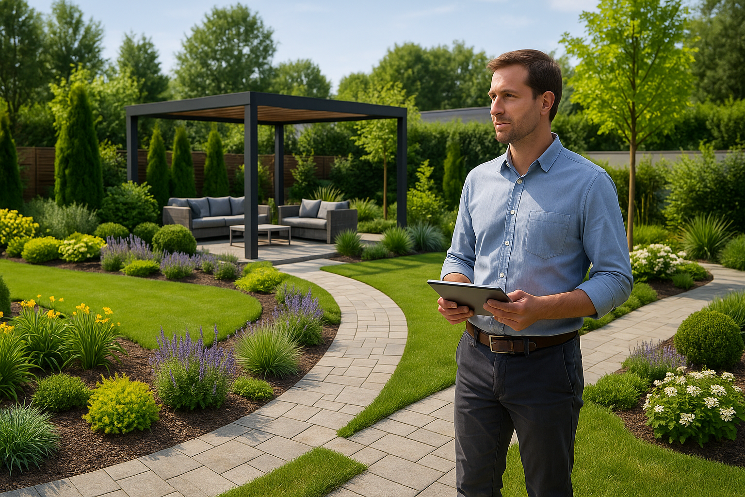 Un progettista giardino osserva soddisfatto il lavoro