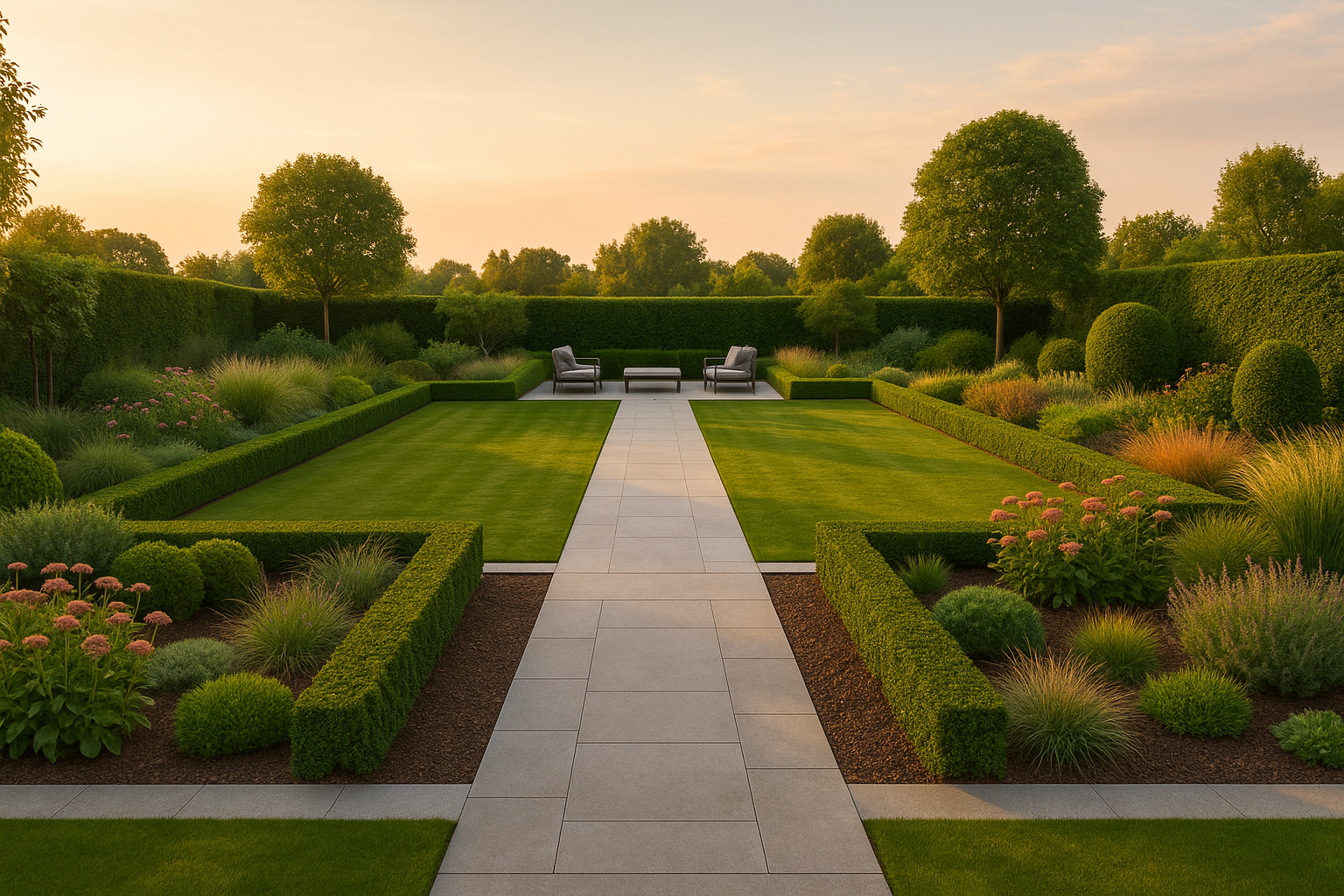Vista panoramica di un giardino rettangolare moderno, con vialetti in pietra, aiuole geometriche, zona relax con sedute e piante ornamentali