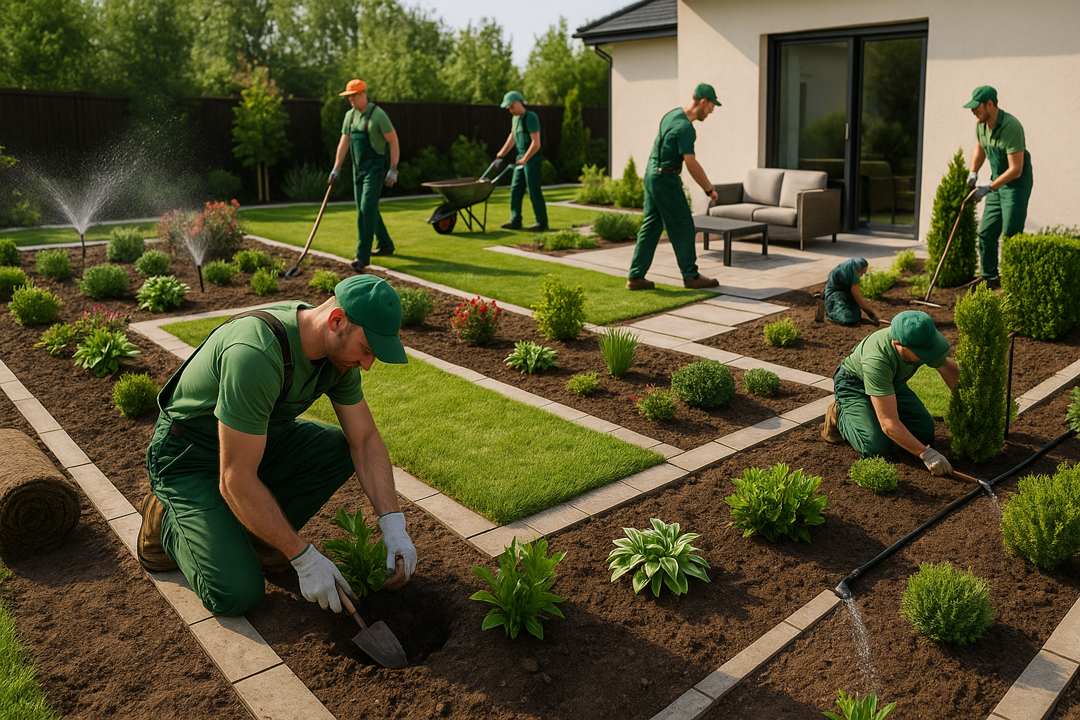 Team di professionisti che lavora per creare un giardino verticale