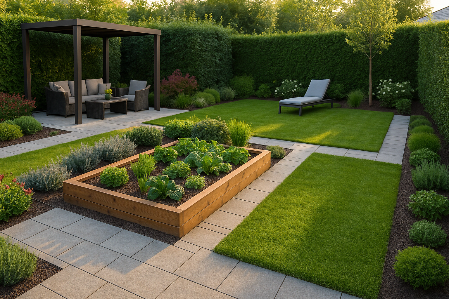 Giardino rettangolare con piccolo orto e zona relax
