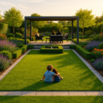 Giardino rettangolare, con prato, aiuole geometriche, piante colorate, vialetti in pietra e una zona relax con pergolato moderno e arredi raffinati