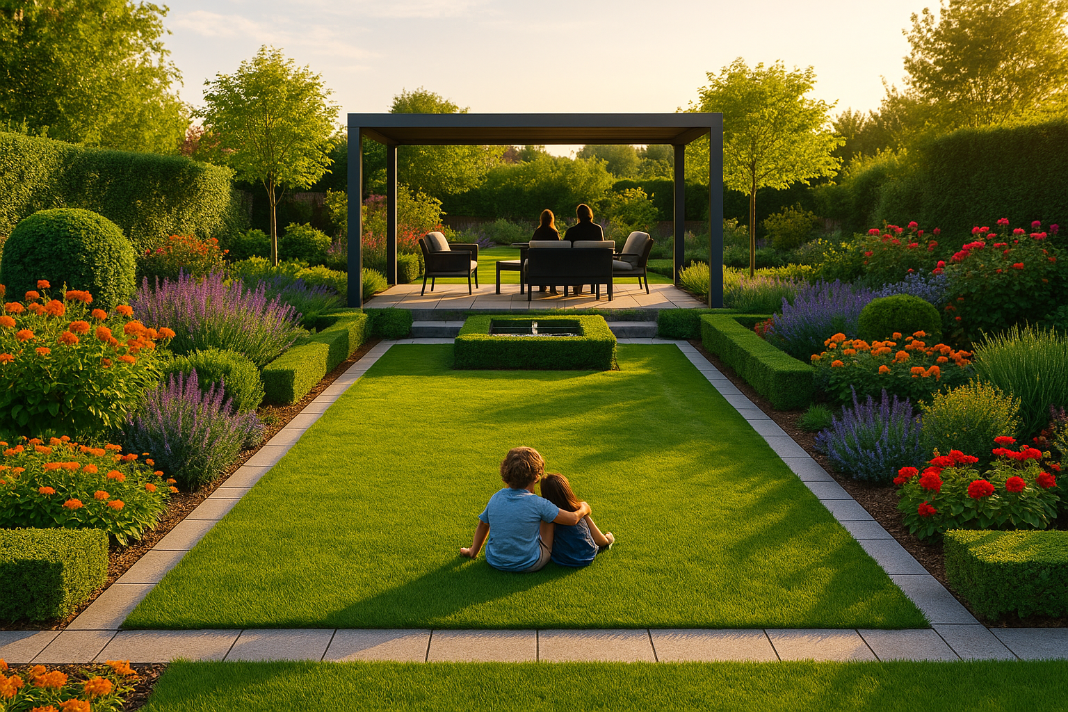 Giardino rettangolare, con prato, aiuole geometriche, piante colorate, vialetti in pietra e una zona relax con pergolato moderno e arredi raffinati
